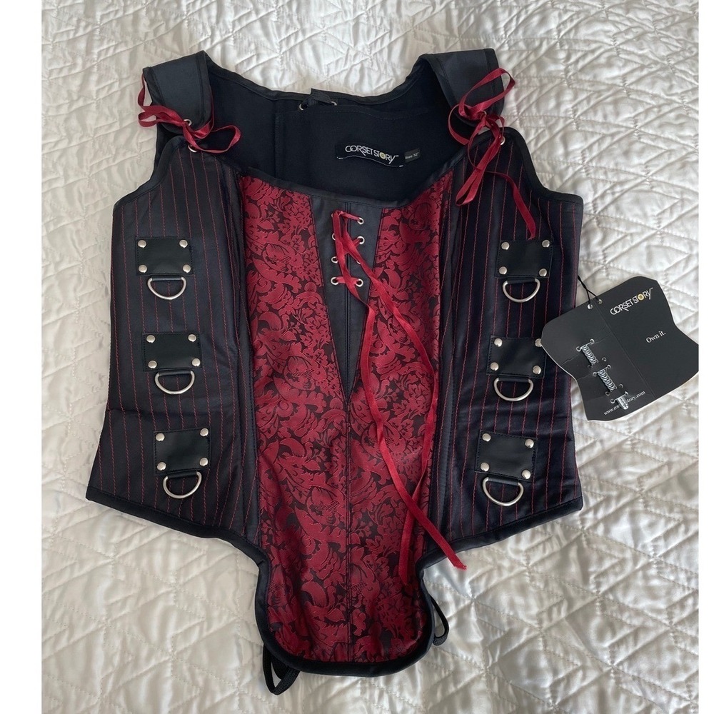 Corset‎ Story Steampunk Overbust Red Damask Pinstripe Steel Boned NWT Size 32